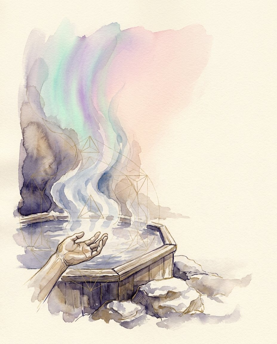 Watercolor of a hand reaching toward the steam of a wooden-edged hot spring at dawn, pale aurora colors rising above it, with faint gold geometric lines.