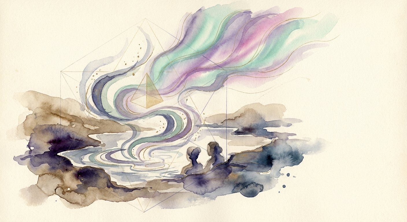 Watercolor of two figures in a steaming hot spring at night, the steam rising and turning into ribbons of green, violet and rose aurora, with faint gold geometric lines.
